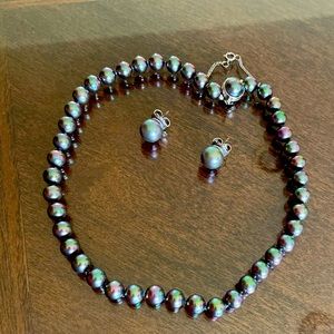 Iridescent Black Pearl Necklace and Stud Earrings Set
